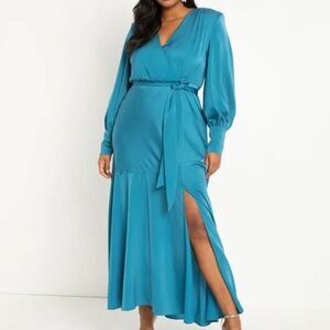 NWT Eloquii Satin Maxi Dress Women 22 Teal Shoulder Pads Belt Slit Glam Feminine